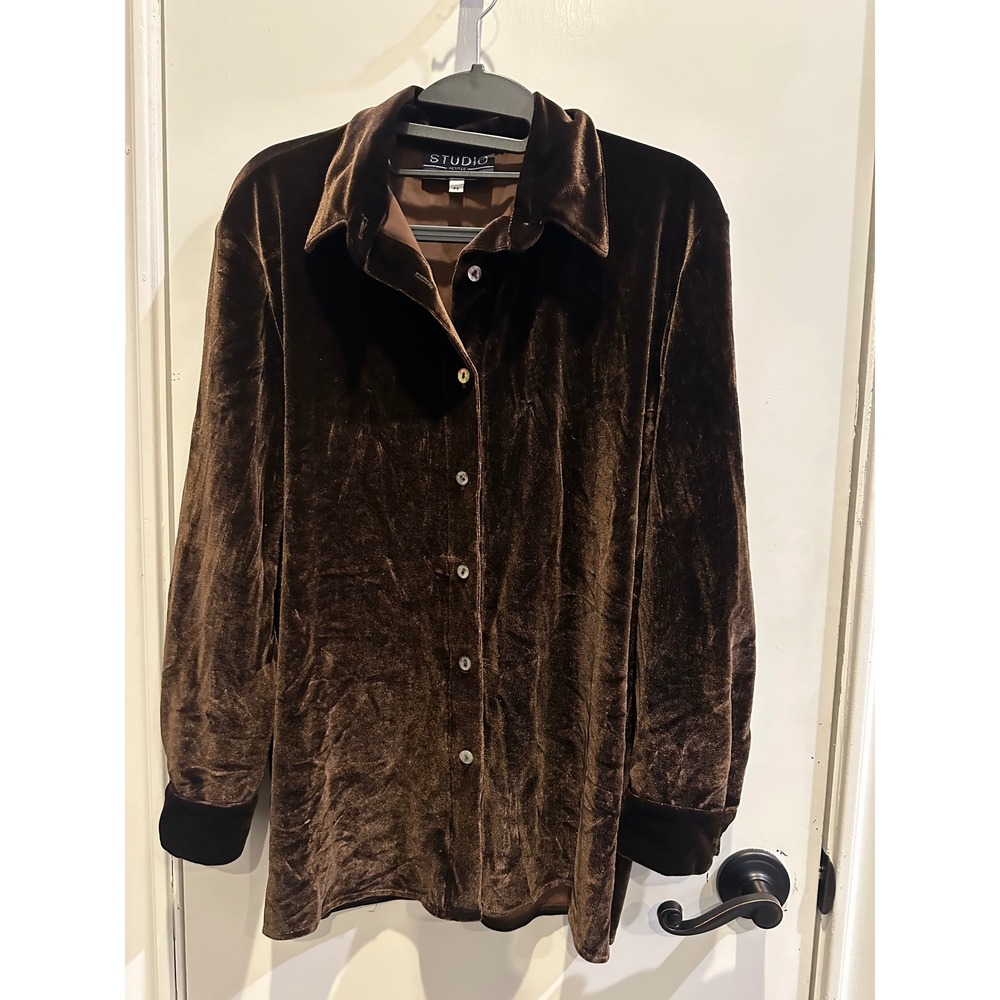 Studio Marisa Christina Brown Velvet Button Down Shirt Petites PS Long Sleeve